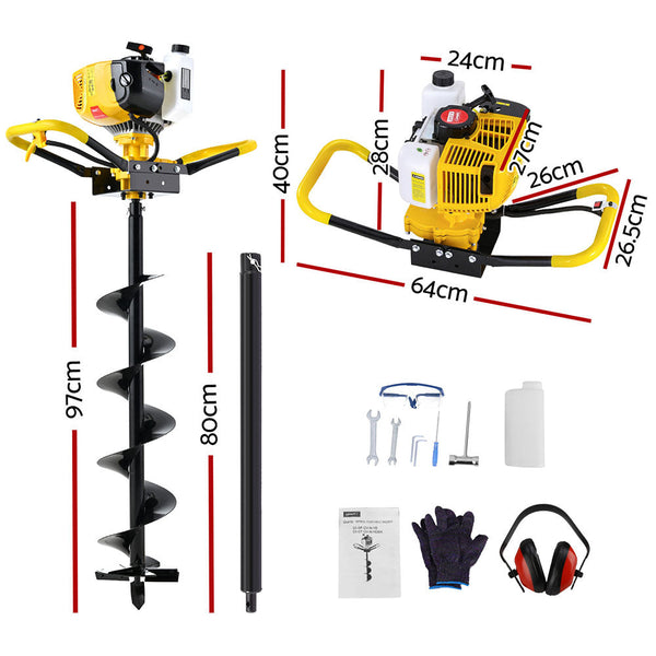 Giantz 74CC Post Hole Digger 200mm Petrol Drill Auger Extension Bits-1