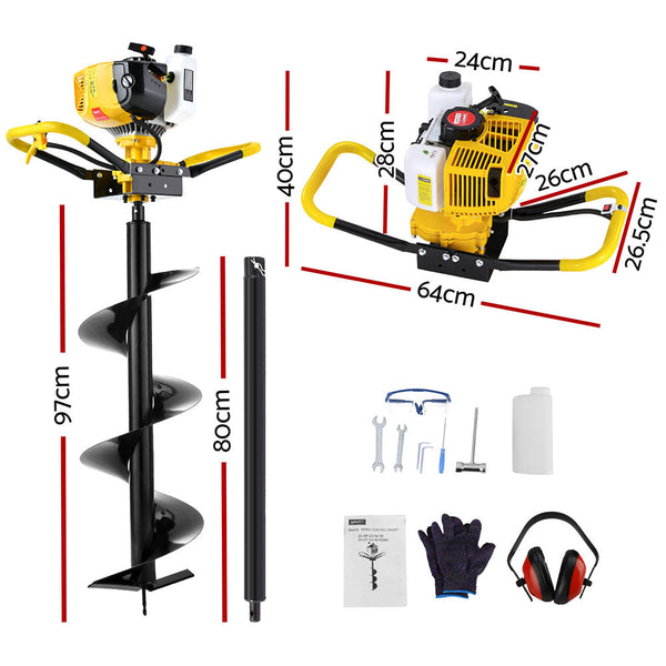 Giantz 74CC Post Hole Digger 300mm Petrol Drill Auger Extension Bits-1