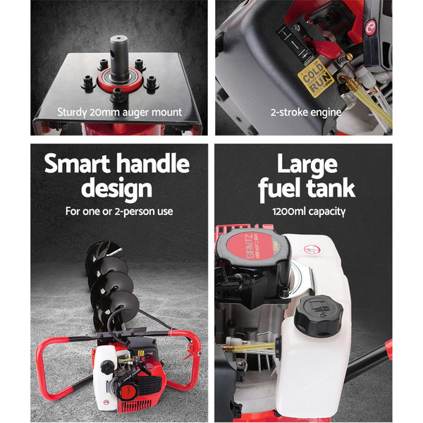 Giantz 80CC Petrol Post Hole Digger Drill Borer Fence Extension Auger Bits-3