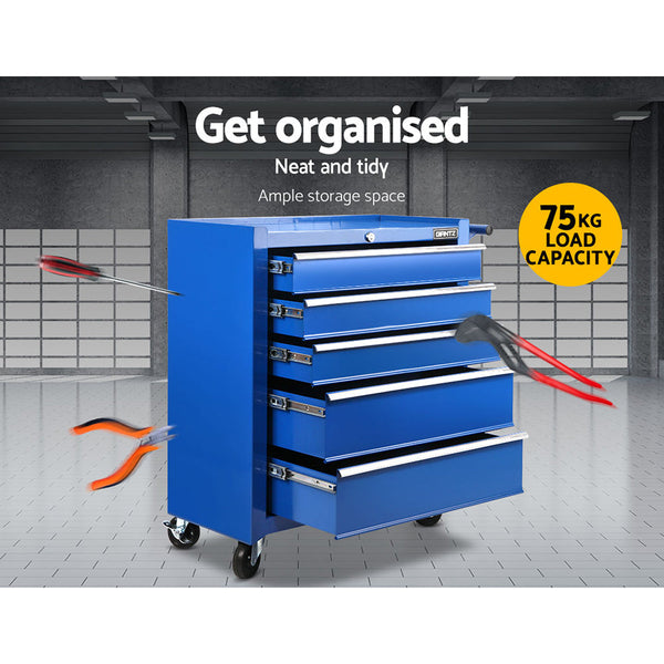 Giantz 5 Drawer Mechanic Tool Box Cabinet Storage Trolley - Blue-2