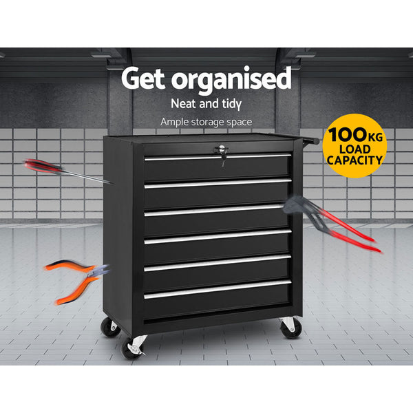 Giantz Tool Box Trolley Chest Cabinet 6 Drawers Cart Garage Toolbox Set Black-2