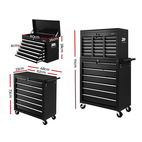 Tool Box Chest Trolley 16 Drawers Cabinet Cart Garage Toolbox Black-1