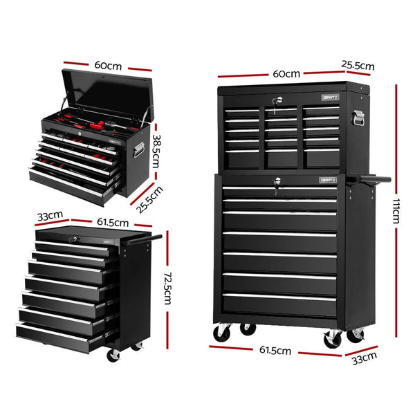 Tool Chest and Trolley Box Cabinet 16 Drawers Cart Garage Storage Black-1