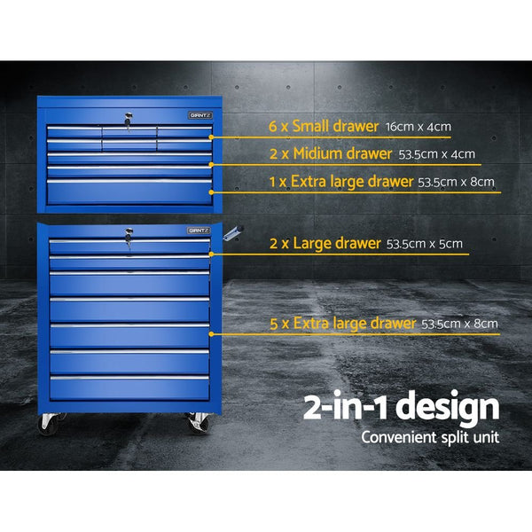 Tool Chest and Trolley Box Cabinet 16 Drawers Cart Garage Storage Blue-2