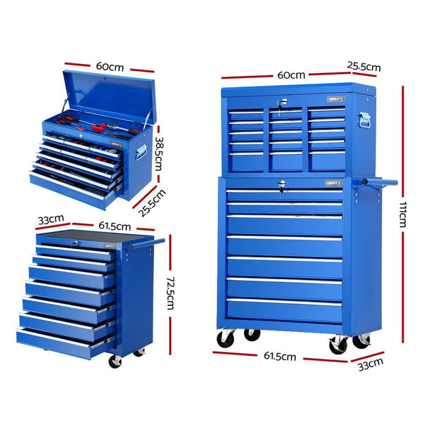 Tool Chest and Trolley Box Cabinet 16 Drawers Cart Garage Storage Blue-1