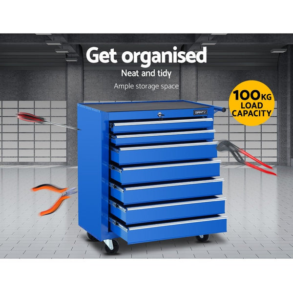 Tool Chest and Trolley Box Cabinet 7 Drawers Cart Garage Storage Blue-3