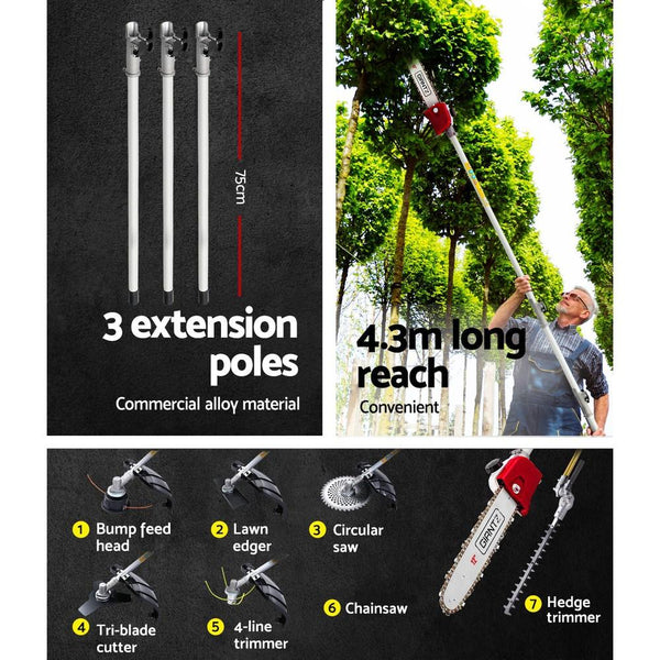 Giantz 4-stroke Petrol 7 in 1 Pole Chainsaw Brush Cutter Hedge Trimmer Whipper Snipper with Extensions